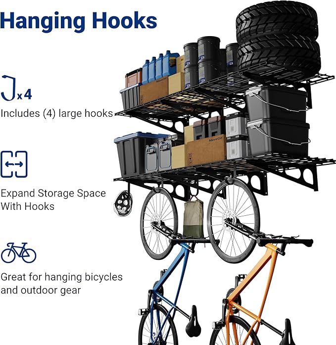 FLEXIMOUNTS 2-Pack 2x6ft Garage Shelving with Hooks, 24-inch-by-72-inch Wall Shelf Garage Storage Racks Floating Shelves, Black, Classic Series
