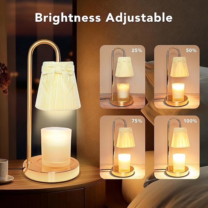 Cute Coquette Bow Candle Warmer Lamp, Dimmable Flannel Candle Warmer with Timer & 2Bulbs, Womens Gifts for Birthday, Unique Home Decor for Bedroom Holiday Aesthetic (Light Yellow/Candles not Included)