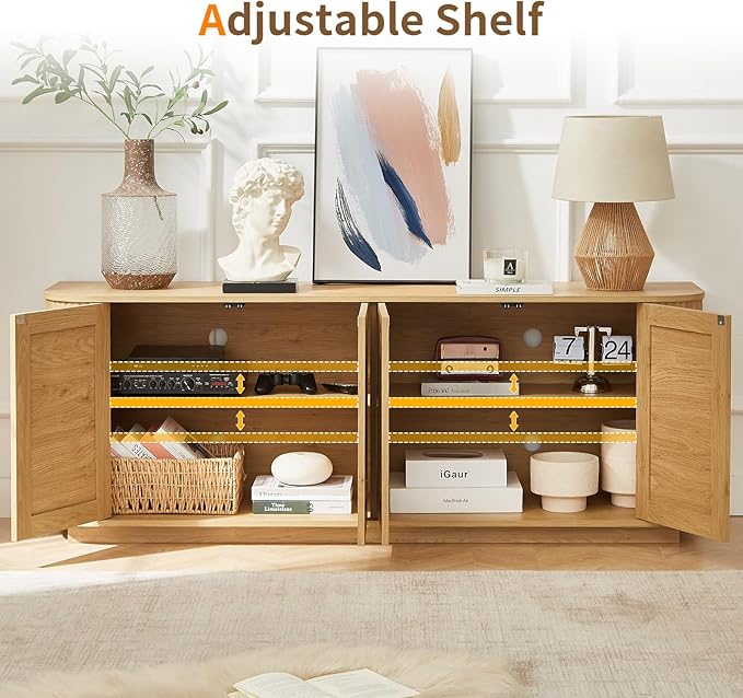 64" Sideboard Buffet Rattan Cabinet, Modern Fluted Credenza with Adjustable Shelves, Wooden Storage Cabinet TV Stand for Living Room Kitchen Dining Room Hallway, Natural
