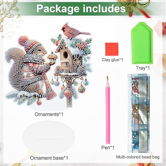 5D Diamond Art Painting Ornament Kits Birdhouse and Squirrel, DIY Diamond Art Painting Desktop Ornament, Special Shaped Crystal Rhinestone Diamond Art Table Top Home Office Christmas Decor (24x24cm)