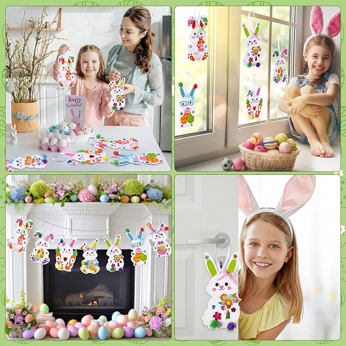 Funrous 48 Sets Easter Crafts Kit Easter Bunny Paper Crafts DIY Make Your Own Rabbits Hanging Ornaments Decorations with Pompoms Diamond Stickers Spring Classroom Activity Arts Gifts Party Favors