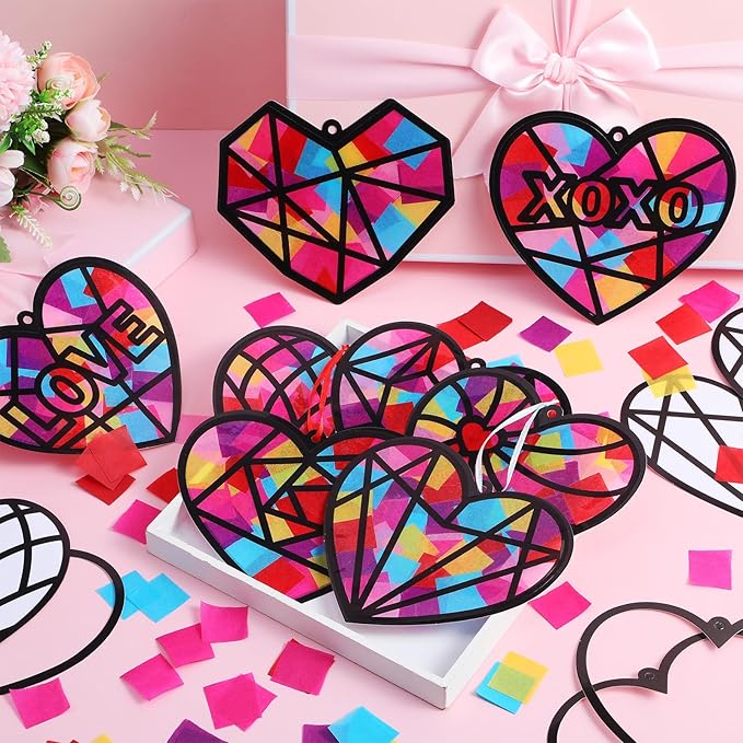 Tinlade 48 Set Valentine's Day Suncatchers Crafts Kit Valentines Heart DIY Window Stained Glass Tissue Paper Red Love Hanging Ornaments Make Your Own Suncatcher Summer Home School Classroom Activities