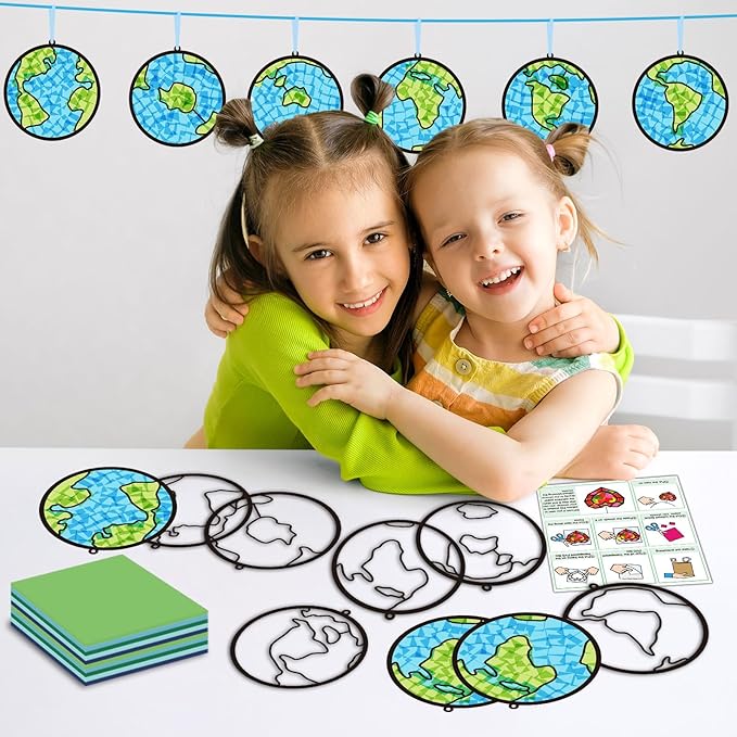 Qyeahkj 36 Set Happy Earth Day Suncatchers Crafts for Kids DIY April 22 Window Tissue Paper Craft Kit Hanging Decor for Earth Day Classroom Home Activity Art Project Birthday Party Favor