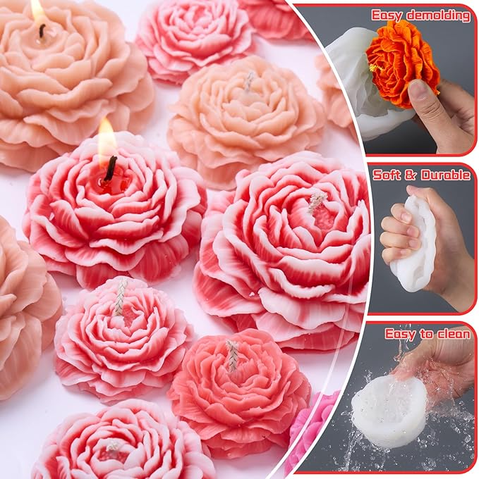 Peony Candle Making Kit with Candle Wicks Flower Silicone Mold for Candle Making Molds Set of Large + Medium + Small + 3 Cavities Peony Silicone Candle Mold Flower Wax Mold Soap Mould