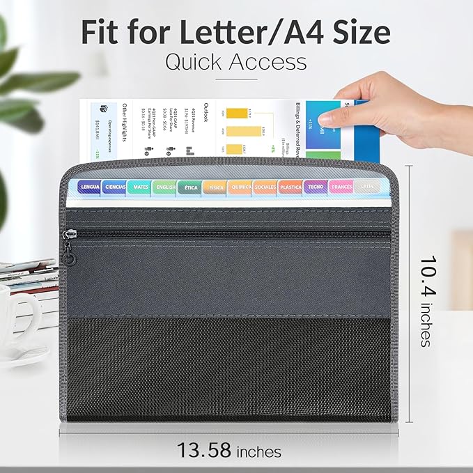 Sooez Accordion File Organizer with Safe Zipper, 8 Pocket Expanding File Folder with Front Pencil Pouch, Portable Monthly Paper Bill Tax Receipt Organizer, School Office Supplies, Letter Size, Black