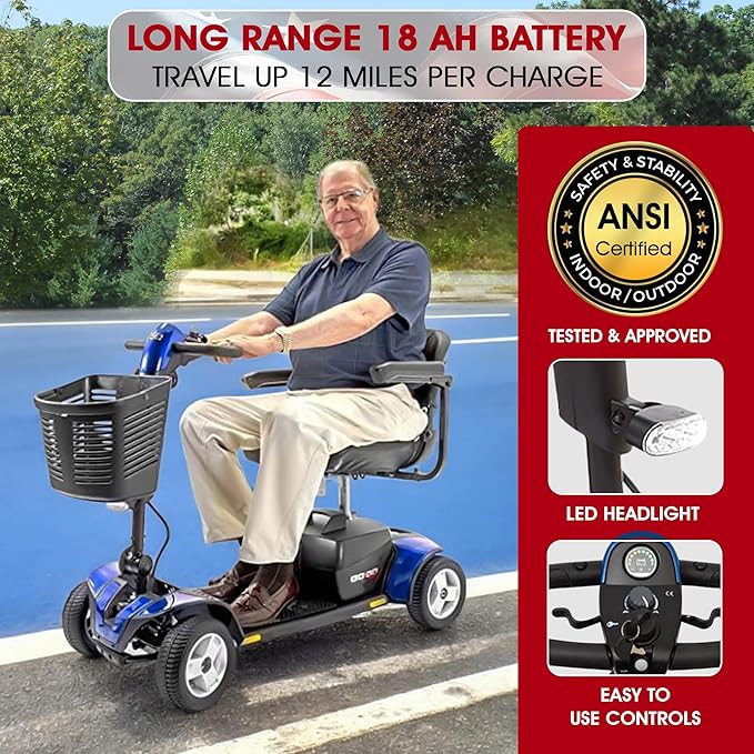 Pride Go Go Sport 4 Wheel Mobility Scooter + Pride Mobilty Cell Phone Mount, XLR Phone Charger, Mobility Yours Rear Basket, New Easy Turn Feature, LED Headlight, 325 Lbs Capacity, Warranty