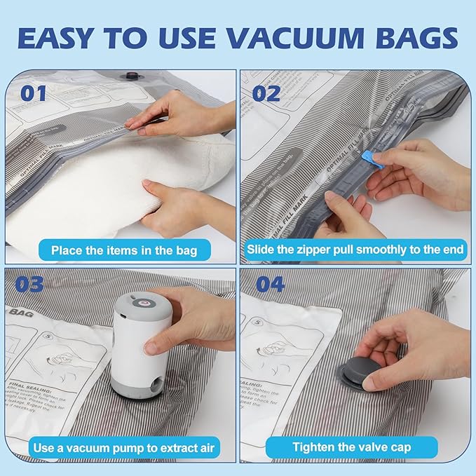 Fantictas Travel Vacuum Storage Bags with Rechargeable Air Pump, 15 Pack Portable Space Saver Bags, Compression Bags for Clothing, Bedding, Seasonal Storage & Packing Bags for Moving