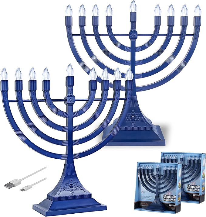 Zion Judaica Electric Hanukkah Menorah LED USB Powered Menorah Electronic Hanukkiah Battery Minorah Flamless Chanukah Candles (Blue, 2)