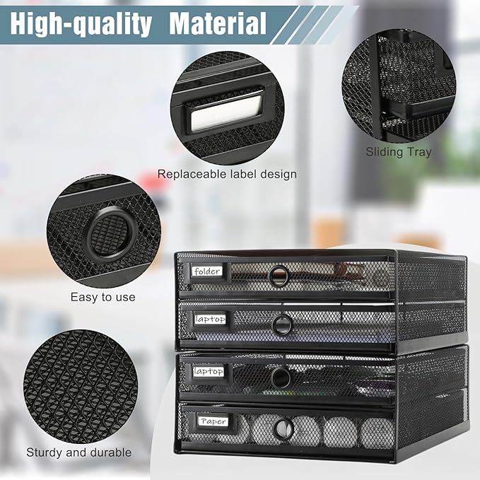 Zhanmai 2 Pack Black Desk Organizer with Drawer Total Wire Mesh Storage Tray Multifunctional Paper Sorter File Stand for Home Office Supplies Letter A4 Paper Office Accessories Back to School (2 Tier)