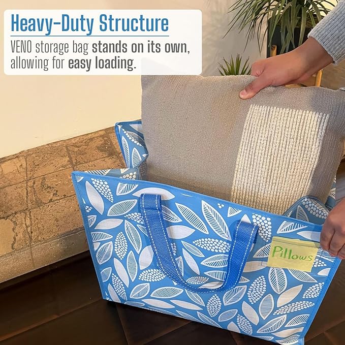 VENO 4 Pack Heavy Duty Moving Bags, Storage Bags, Packing Supplies, Top Zipper, Storage Totes for Camping, Clothes, Bedding, Comforters, Pillows (13 Gallon,Spring Breeze, 4 Pack)