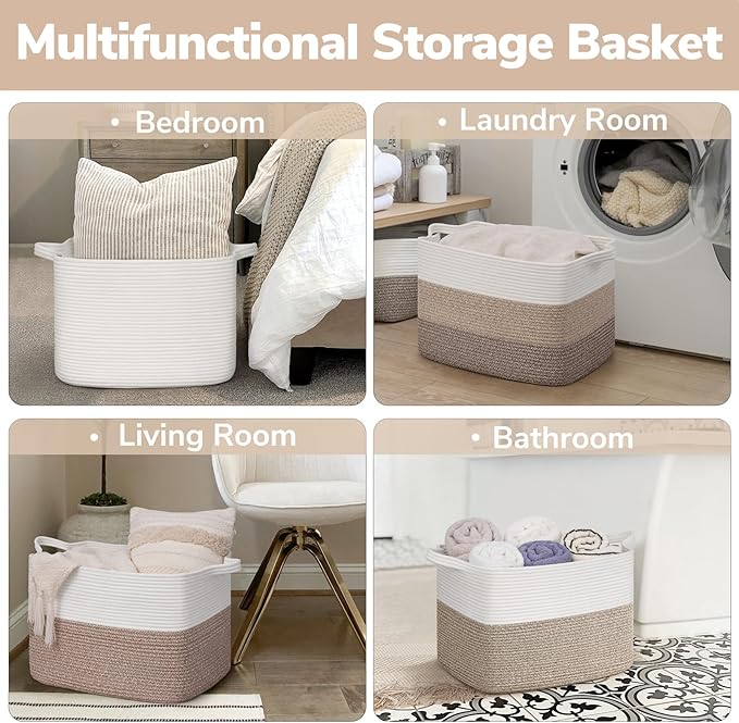 Goodpick Large Woven Basket 18" x 14" x 12" Cotton Rope Storage Baskets for Organizing, Rectangle Blanket Basket for Living Room Bedroom, Toy Baskets Storage Kids, White