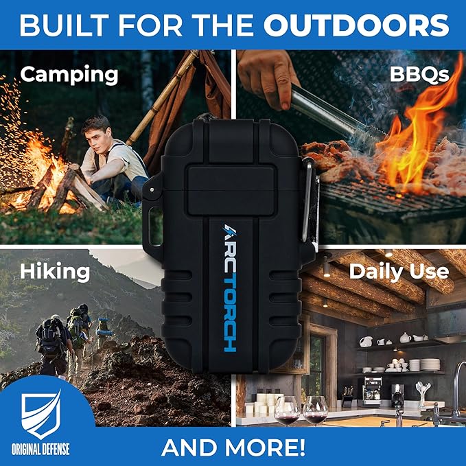 Original Defense ArcTorch Electric Lighter - Windproof, Waterproof, Flameless, Rechargeable Plasma Lighter with USB Charging for Hiking, Camping, Outdoor, Survival, Tactical, EDC Gear (Black)
