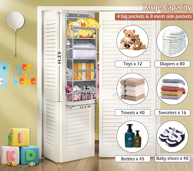 MISSLO Over the Door Storage Organizer with 4 Large Pockets 8 Side Pockets Baby Hanging Closet Door Organizer Heavy Duty Pantry Organizer for Bathroom, Bedroom, Nursery, RV, Camper