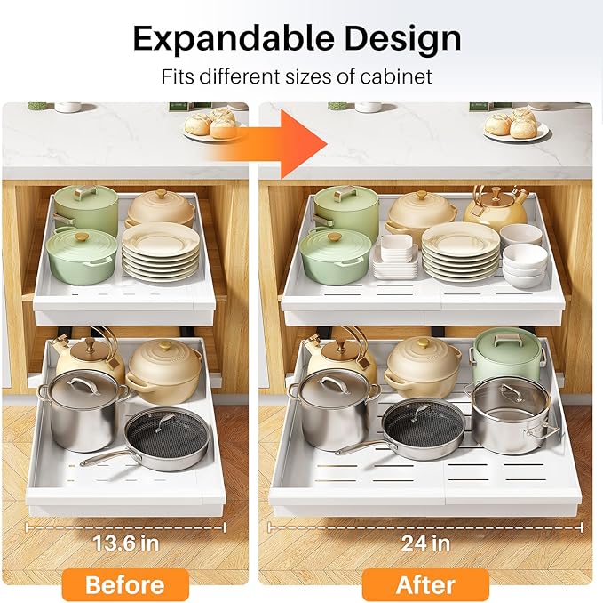 Pull out Cabinet Organizer, 2-Pack Expandable(13.6"-24") Silde out Drawers with Raising Pad for Framed Cabinets, Adjustable Full-Extension Adhesive Roll out Shelves for Kitchen Pantry Home Pot and Pan