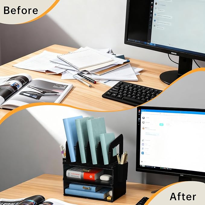 CiWiVOKi Desk Organizer with 4 File Holder Slots, 2 Clear Drawers & Dual Pen Holders, Multi-Functional Office Supplies Desktop Storage for Home Office, Space-Saving Mail Sorter & Caddy, Black