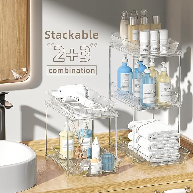 Under Sink Organizer, Bathroom Organizers and Storage, 2 Tier Multi-Use Pull Out Cabinet Organizer with Hang Hooks and Cups (transparent, 2 Pack)