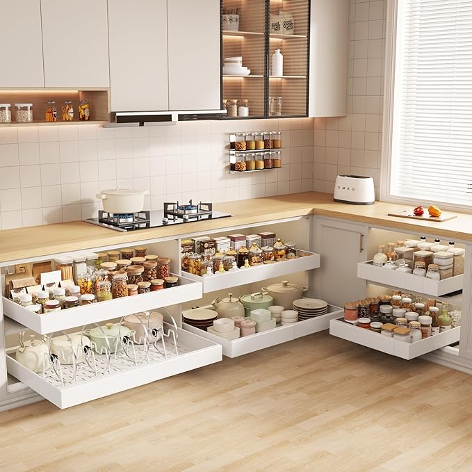 Seinloes 2 Pack Pull out Cabinet Organizer 21" Deep With Raising Pad for Framed Cabinets,Expandable (15.2"-26.3"W) Slide out Drawers for Kitchen Cabinets with 4pcs Divider Racks,Roll out Shelves,White