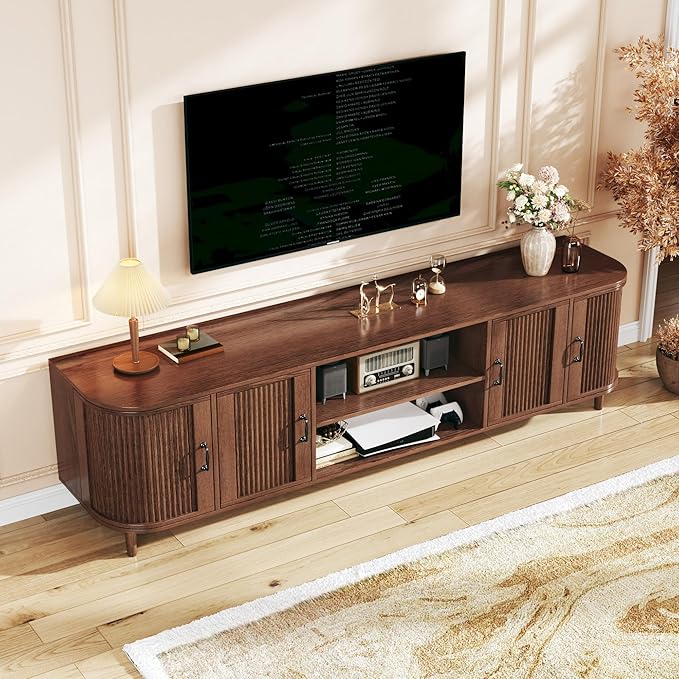 HUAHUU TV Stand for 75 inch TV, Mid Century Modern Entertainment Center for 55/60/65/75 inch TV, with Fluted Door Cabinets & Open Shelves, TV Consoles for Living Room, Walnut