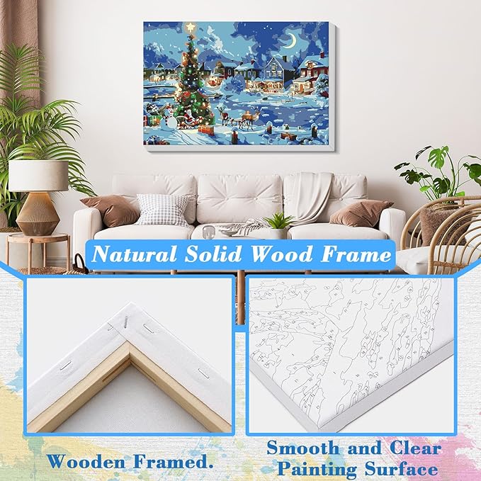 Skyboda Christmas Paint by Numbers Kit for Adults Beginners with Frame, Christmas Night Adult Paint by Number Kits on Canvas, Easy DIY Oil Painting Kits for Home Decor, 8x12in