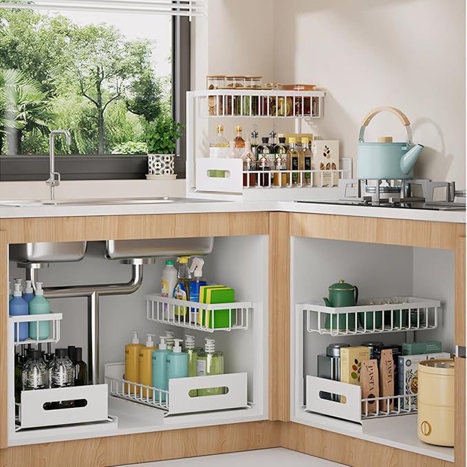 Under Sink Organizer, 1 Pack Pull Out Bathroom/Kitchen Under Cabinet Organizers and Storage, 2 Tier Metal Slide Out Under Kitchen Sink Storage Bathroom Undersink Organizers for Laundry Room