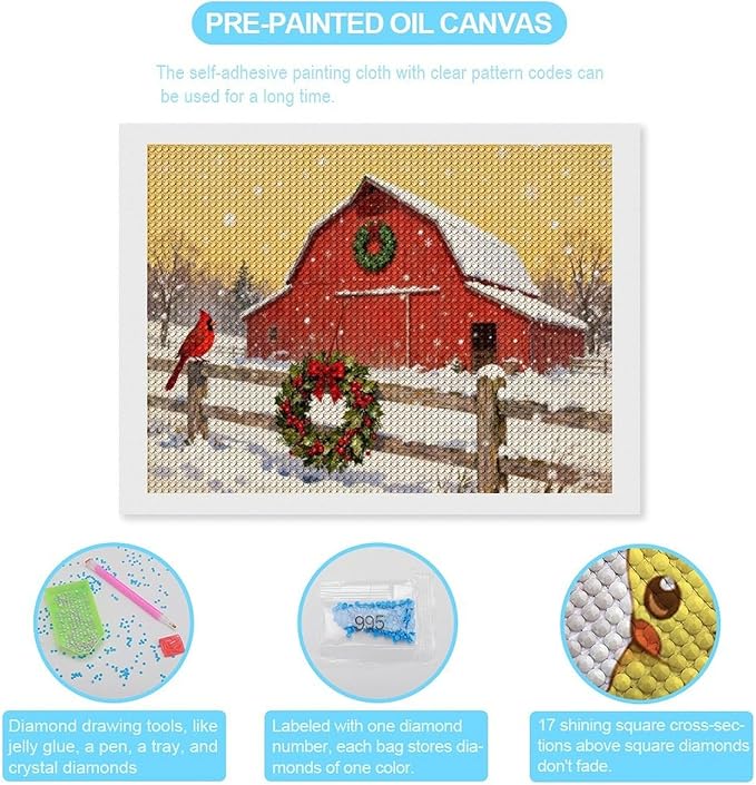 AIVKIEJK Diamond Painting Kits for Adults - Christmas Winter Cardinal, Red Barn Scene Painting DIY 5D Full Drill Diamond Dots Paintings with Diamonds Gem Art and Crafts Home Decor 12"x16"