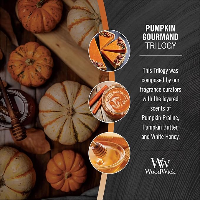 WoodWick Pumpkin Gourmand Trilogy Holiday Candle Gifts for Women and Men, 16 oz Ellipse Trilogy Candle with Crackling Wick