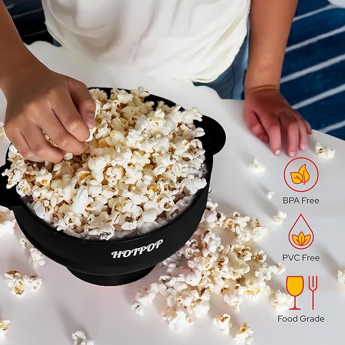 The Original Hotpop Microwave Popcorn Popper, Silicone Popcorn Maker, Collapsible Bowl BPA-Free and Dishwasher Safe- 20 Colors Available (Black)
