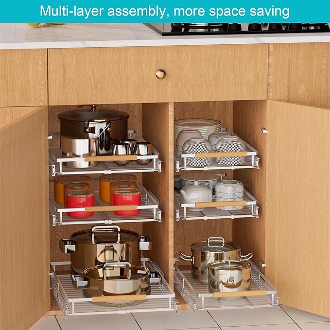 iPEGTOP 2 Pack Pull Out Cabinet Drawer Shelf Organizer, Extendable Sliding Slide Out Pantry Shelves Storage Heavy Duty for Kitchen Cabinets Under Sink, Adjustable Width 12.1~18.4" W x 22.4" D