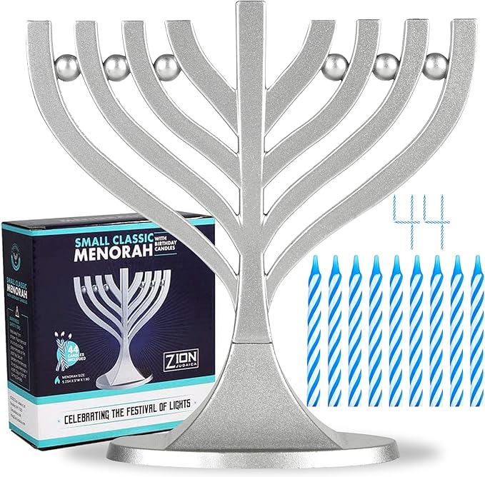 Zion Judaica Mini Classic Menorah with Mini Birthday Size Hanukkah Candles - Satin Silver Small Travel Minorah with 44 Blue and White Spiral Chanukah Candles - On The Go Hanukkiah Cute Hanukkah Gift