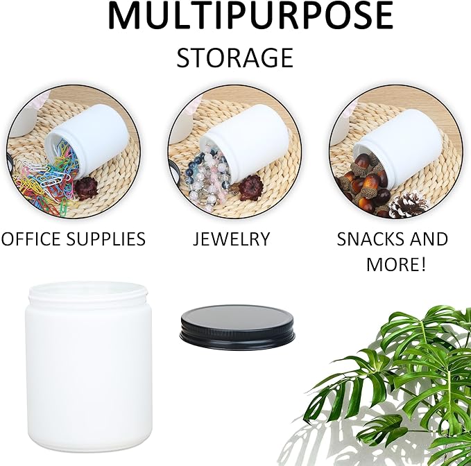 MILIVIXAY 20 Pack 8 OZ Thick Glass Frosted White Candle Jars with All Black Metal Lids-Bulk Empty Candle Jars for Making Candles-Canning Jar for Spice, Liquid, Sample- Dishwasher Safe.