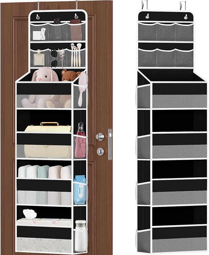 SpaceHacks 6-Tier Over the Door Organizer with Mesh Pockets, Baby Nursery Storage for Closet, Bathroom and Bedroom, Adjustable Hanging Closet Organizer for Cosmetics, Books and Essentials（Black）