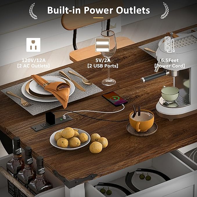 Amposei Farmhouse Kitchen Island on Wheels with Drop Leaf & Power Outlet, 53.7-Inch Rolling Storage Island Cart with Drawers, Sliding Barn Door Cabinets, Spice Rack (Retro White)