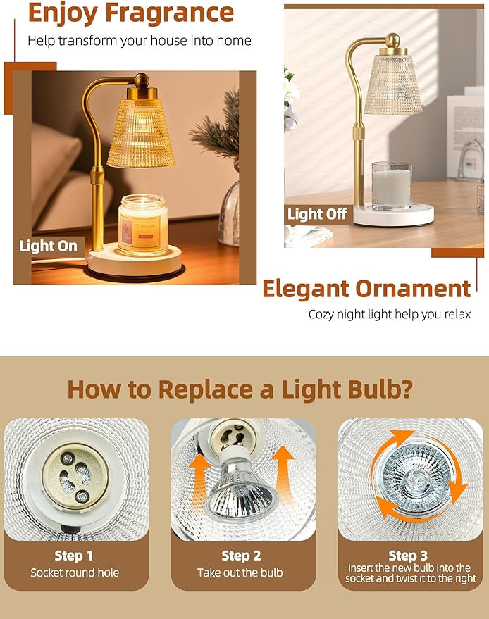 Candle Warmer Lamp for Jar Candles, Height Adjustable & Dimmable with 2/4/8H Timer, 2*50W Halogen Wax Melter Warmer for Home Office Décor, Flameless & Smokeless, Gift for Women Mom,Gold- Amber/1 Pack