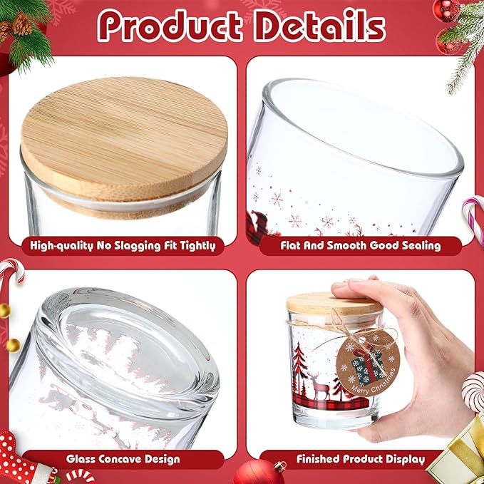 Potchen 12 Pack Christmas Plaid Clear Candle Jars for Making Candles 7 oz Empty Glass Jars with Wood Lids and Blessing Card Xmas Snowflake Candle Containers for DIY Gifts Home Tea Party Holiday Decor