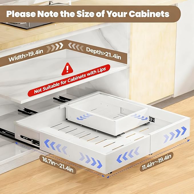 Dayacoco Pull Out Cabinet Organizer, Expandable Width (11.4"-19.4") and Depth (16.7"-21") With 3 Rails, Heavy Duty Slide out Drawers for Kitchen Base Cabinet Organization, No Drill, White