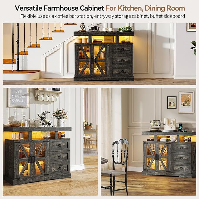 Lvifur LED Farmhouse Sideboard Buffet Cabinet with Storage, Wood Coffee Bar Station Table w/Charging Station, Large Kitchen Storage Cabinet w/Adjustable Shelf and 3 Drawers (Dark Rustic Oak)