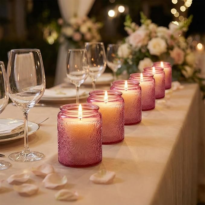 Art Secret 9-Pack 8oz Embossed Glass Candle Jars with Lids and Labels - Sun Moon Stars Design (Pink)