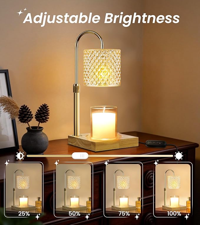 TigQiang Candle Warmer Lamp, Candle Lamp Wax Warmer, Timer & Dimmer 7-Levels, Fits Cup Jar Candle, Top Melting, Crystal Heater Lamp for Scented Wax, Elegant Home Decor, Brass Glass