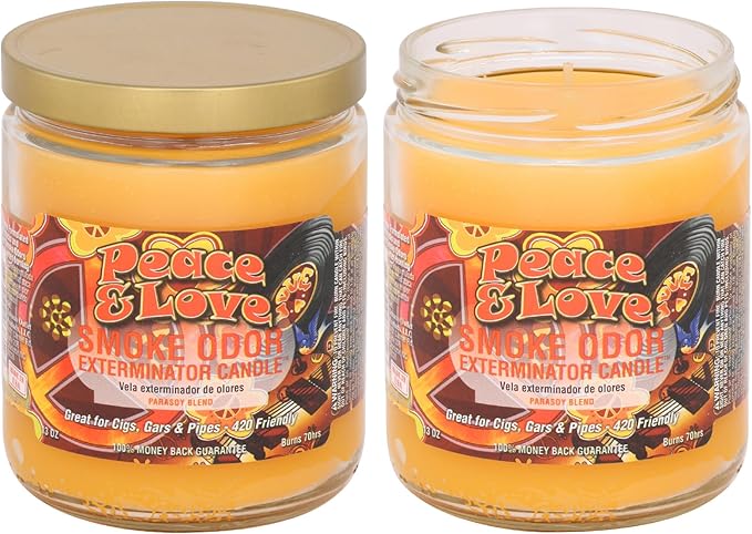 Smoke Odor Exterminator 13 oz Jar Candles Peace & Love, (2) Set of Two Candles.