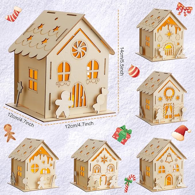 Spiareal 12 Sets DIY Wooden Christmas Gingerbread House Kit with LED Flameless Candles Watercolor Pens Christmas Crafts Wooden Houses to Paint Xmas Tree Ornaments for Fun Activity Art Project