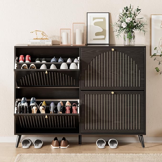 Fsbecl Shoe Storage Cabinet for Entryway with 4 Flip Drawers, Narrow Shoe Organizer with Fluted Panel, Freestanding Wood Hidden Shoe Cabinet (Black, 4 Flip Drawers)