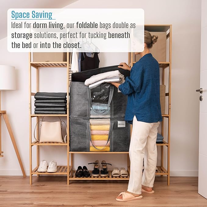 VENO 4 Pack Moving Bags with Clear Window, Heavy Duty Storage Bins with Lid, Around Handles, Tag, Zippers, Extra Large Totes Packing Moving Boxes Supplies for College Dorm Clothes (Dark Gray)