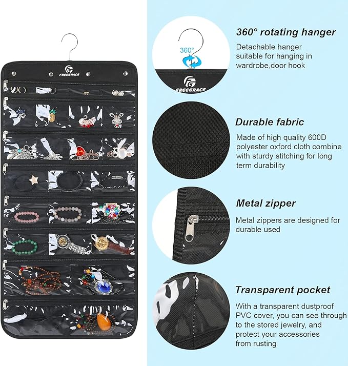 Hanging Jewelry Organizer with 50 Transparent Pockets, 360° Rotating Hanger & Secure Zipper Closure - Foldable Double Sided Jewelry Storage Bag for Earrings, Rings, Necklaces, Bracelets (Black)