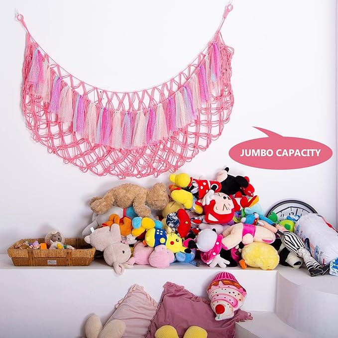Jumbo Toy Hammock for Stuffed Animal Net Boho Macrame Toy Hammock with Led Light Stuffed Animal Storage Ideas Plush Toy Display Squishmallow Holder Net-Pink
