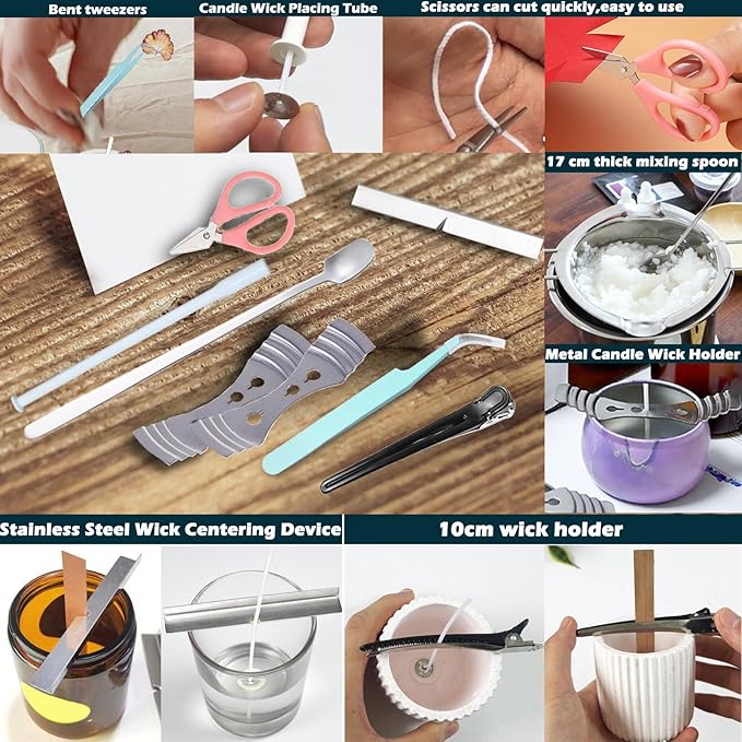 133PCS Candle Making Kits with Candle Wick Trimmer(7IN),Mold Hook Punch Needle Wick for Inserting Wick,Big Hole Long Needle,Cotton Wick with Metal Sustainer Tabs,Wick Stickers with The Little ‘‘Tail’’
