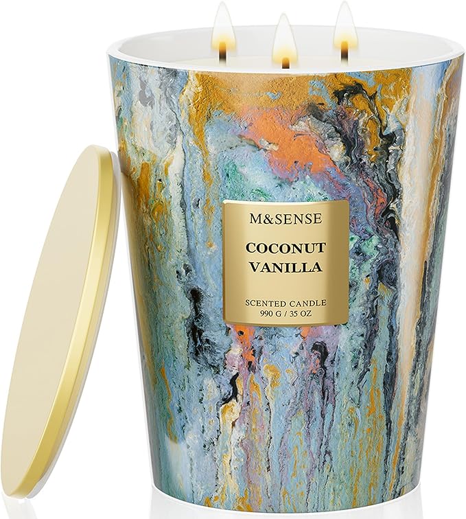 M&SENSE Large 3-Wick Coconut Vanilla Scented Soy Candle, 35oz 150 Hours Non-Toxic, Spring Candles Party Essential Spa Home Fragrance & Decor