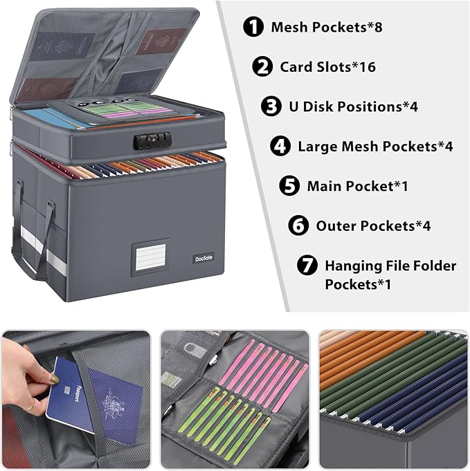 DocSafe File Box with Lock,Multi-Layer Fireproof Document Box Collapsible File Storage Organizer with Pockets/Handle,Large Portable Home Office Filing Box for Hanging Letter/Legal Size Folders,Gray