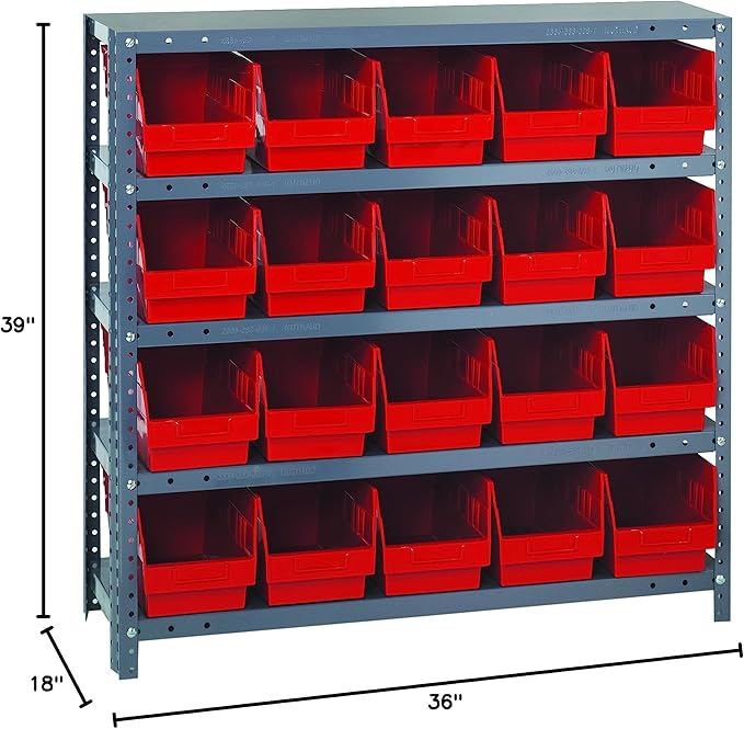 Quantum Storage Systems 1839-204RD Store More Steel Shelving Unit with 6" Shelf Bins, 18" D x 36" W x 39" H, Red