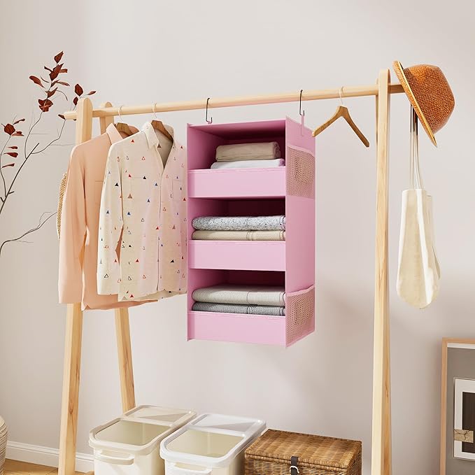 3-Shelf Hanging Closet Organizer and Storage, Foldable Hanging Closet Shelves Front Lip Design Washable Hanging Storage, Pink