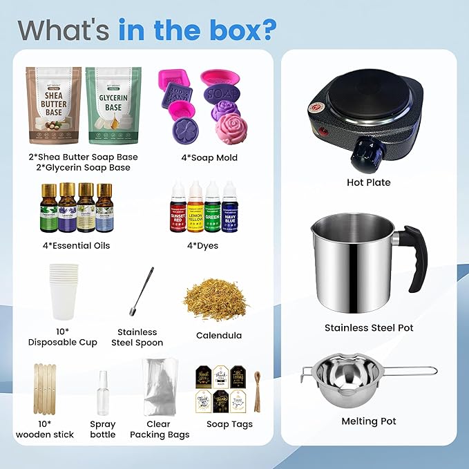 PIUH DIY Soap Making Kit with Electronic Hot Plate and Supplies for Adults, All-in-One Soap Making Supplies for Begineers with Soap Base, Pouring Pot, 4 Fragrances and Dyes for Making Soaps